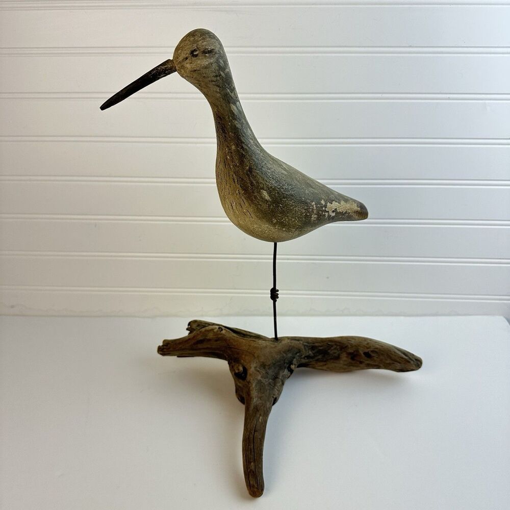 Handmade Wooden Shorebird Curlew Decoy Driftwood Base Sculpture Folk Art Signed